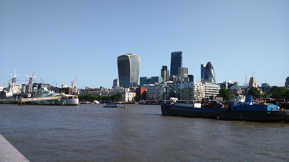London’s skyline and HMS Belfast across the River Thames.