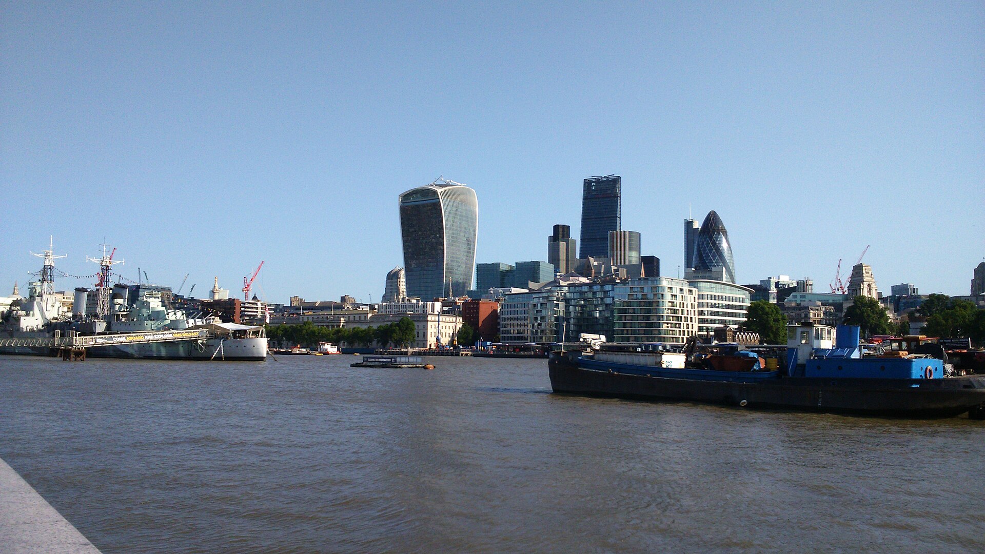 London’s skyline and HMS Belfast across the River Thames.